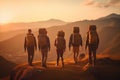 Adventurous Hikers Trekking in Mountain Sunset. AI