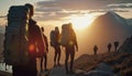 Adventurous journey, A group of hikers with large backpacks exploring the mountains during sunset, Generative AI Royalty Free Stock Photo