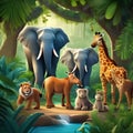 Adventurous jungle safari with cute animals and lush vegetation Playful and lively illustration for childrens books or nature-th