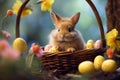 Adventurous Little Easter rabbit on eggs hunting. Generate ai