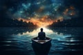 Adventurous Man in boat near space. Fantasy art