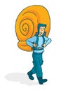Adventurous man carrying a huge snail shell as backpack