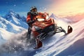 An adventurous man enjoys the thrill of riding a snowmobile atop a majestic snow-covered mountain, Rider on the snowmobile in the Royalty Free Stock Photo