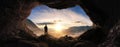 Adventurous Man Hiker standing in a cave. River and Mountains in background. 3d Rendering.