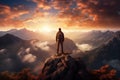 Adventurous Man Hiker Standing on top of a rocky mountain overlooking the dramatic landscape at sunset Royalty Free Stock Photo