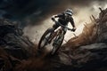 An adventurous man rides his bike on top of a rocky hillside, enjoying the natural scenery and staying fit., Mountain bike rider Royalty Free Stock Photo