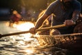 Adventurous Man rows an oar in a canoe. Generate Ai