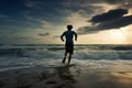 Adventurous Man run beach sea sky. Generate Ai Royalty Free Stock Photo