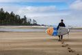Adventurous Man Surfer in a wetsuit is walking on a sandy beach with Surfboard