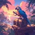 Adventurous Parrot with Treasure Chest Royalty Free Stock Photo