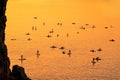 Adventurous people on a stand up paddle board is paddling during a bright and vibrant sunrise