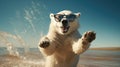 Adventurous polar bear jumps onto the beach, showcasing cool sunglasses, Arctic vibes meet coastal chic, Ai Generated