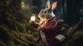 Adventurous Rabbit Explorer with Lantern in Enchanted Forest Generative AI