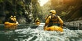 Adventurous Rafters Navigating a River in a Forest. Generative ai