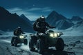 Adventurous riders traverse a chilly mountainous landscape at night, their ATVs illuminating the path under the serene moonlight.