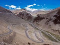 Adventurous road looping through mountains with clear blue sky on Manali to Leh highway in India