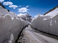 Adventurous road through snow walls near Barlachala on Manali to Leh route in India