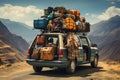 Adventurous road trip with a car carrying luggage on a scenic dirt road