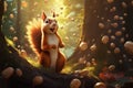 Adventurous Squirrel eat nuts forest. Generate Ai