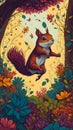 adventurous squirrel, leaping from one tree branch another cozy forest, colorful flowers, AI Generative