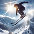 Adventurous thrill: Capturing the exhilaration of a skier\'s jump on the snow-covered mountain slope.