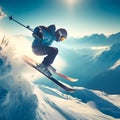 Adventurous thrill: Capturing the exhilaration of a skier\'s jump on the snow-covered mountain slope.