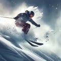 Adventurous thrill: Capturing the exhilaration of a skier\'s jump on the snow-covered mountain slope.
