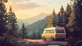 adventurous travel scene with a camper van by the forest. Royalty Free Stock Photo