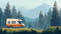 adventurous travel scene with a camper van by the forest. Royalty Free Stock Photo