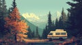 adventurous travel scene with a camper van by the forest. Royalty Free Stock Photo