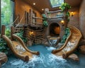 Adventurous treehouse-themed playroom with rope bridges slides