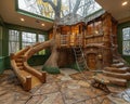 Adventurous treehouse-themed playroom with rope bridges slides