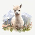 Adventurous Watercolor Baby Alpaca Amidst Mountain Meadows AI Generated