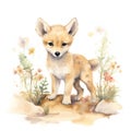 Adventurous Watercolor Baby Dingo Exploring the Outback Adorned with Wildflowers AI Generated