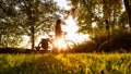 Adventurous White Cacasusian Woman with a bicycle in a park