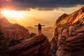 Adventurous Woman at the edge of a cliff is looking at a beautiful landscape