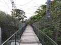 Adventurous Old Wooden Bridge. Net along the sides and green trees. Amazing view of Wooden Scary Bridge for tourists