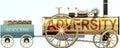 Adversity and success - symbolized by a steam car pulling a success wagon loaded with gold bars to show that Adversity is Royalty Free Stock Photo