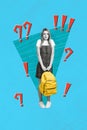 Advert poster banner collage of confused university student lady have many question where buy supply for school discount