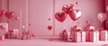 Present boxes and balloons on pink background