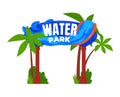 Advertise sign object with marine life, summer aquapark vector illustration. Letters at sign, water park symbol with