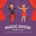 Advertisement Banner with Man Illusionist or Magician at Circus Performing on Stage or Arena Vector Template