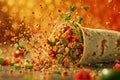 Advertisement for burritos, featuring a tantalizing burrito bursting with fresh ingredients, set against a vibrant and lively