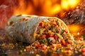 Advertisement for burritos, featuring a tantalizing burrito bursting with fresh ingredients, set against a vibrant and lively