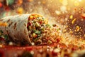 Advertisement for burritos, featuring a tantalizing burrito bursting with fresh ingredients, set against a vibrant and lively