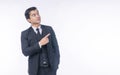 Advertisement gesture pleased concept. Confident positive handsome young businessman wear suit pointing own finger presenting Royalty Free Stock Photo