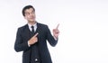 Advertisement gesture pleased concept. Confident positive handsome young businessman wear suit pointing own finger presenting Royalty Free Stock Photo