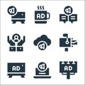 advertisement line icons. linear set. quality vector line set such as billboard, digital marketing, advertising, mailbox, cloud,