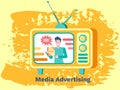 Advertisement with man advertising product on tv, telemarket. Marketing, blogging on social media Royalty Free Stock Photo