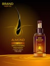 Advertisement promotion banner for almond oil hair serum for smoothening and strong hair Royalty Free Stock Photo